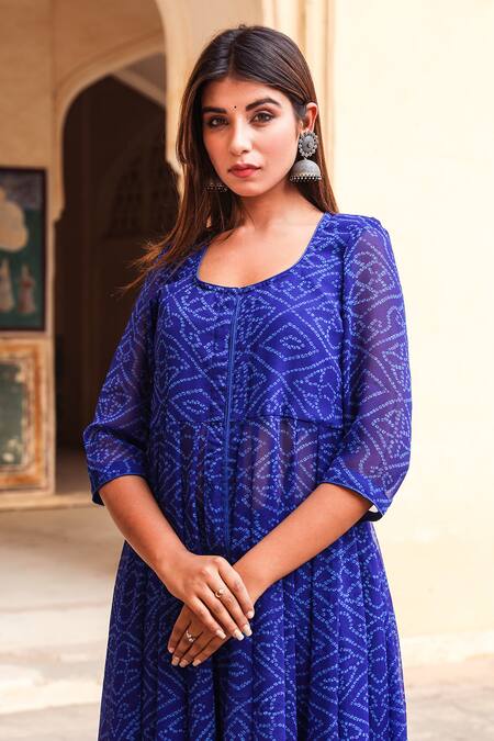 Gulabo Jaipur_Blue Georgette, Cotton Rayon Round Bandhani Print Anarkali And Pant Set_at_Aza_Fashions