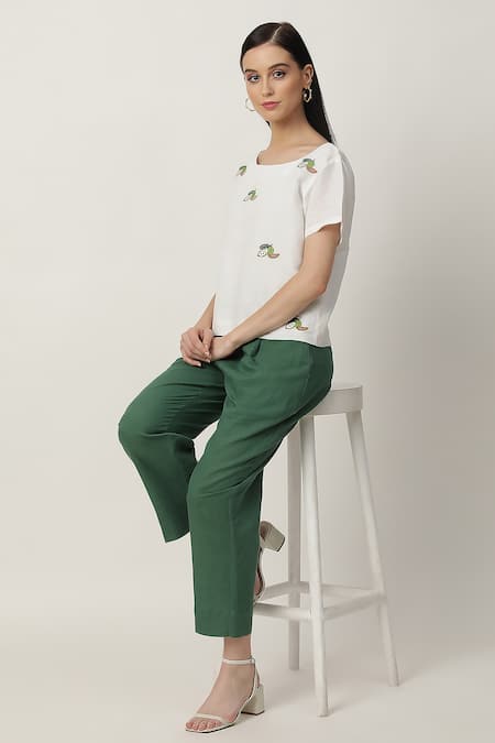 Musal_Ivory Cotton, Linen Embroidery Boat Neck Annie Top And Pant Set_Online_at_Aza_Fashions