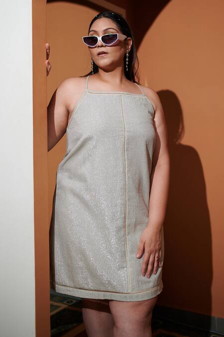 Kokokos_Silver Metallic Dress With Shrug _Online_at_Aza_Fashions
