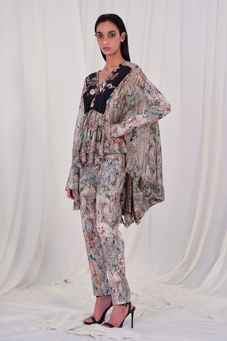 AK-OK_White Silk V-neck Abstract Print Top And Pant Set _Online_at_Aza_Fashions
