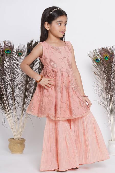 Little Bansi_Peach Cotton, Net, Lurex Sequins Embroidered Kurta Sharara Set _Online_at_Aza_Fashions