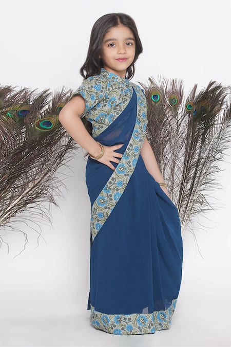 Little Bansi_Blue Georgette, Cotton Embroidery Pre-draped Saree With Blouse_Online_at_Aza_Fashions
