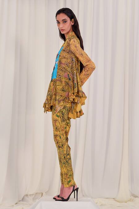 AK-OK_Yellow Silk V-neck Contrast Abstract Print Top And Pant Set _Online_at_Aza_Fashions