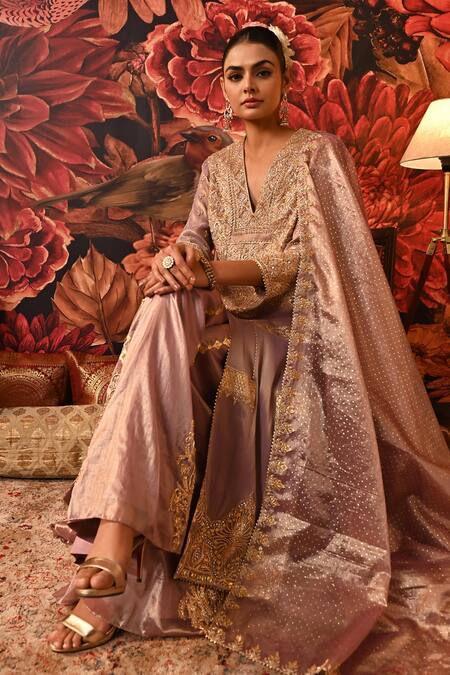 Moledro_Purple Brocade, Tissue, Silk Sequins, Vintage Embroidered Kurta Sharara Set _Online_at_Aza_Fashions