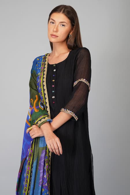 Shop_Devyani Mehrotra_Black Viscose Muslin Round Straight Kurta Set With Egyptian Print Dupatta_Online_at_Aza_Fashions