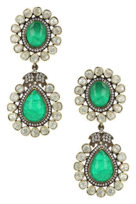 Ishhaara_Green Stones, Diamonds, Embroidery Emerald Doublet Earrings_Online_at_Aza_Fashions