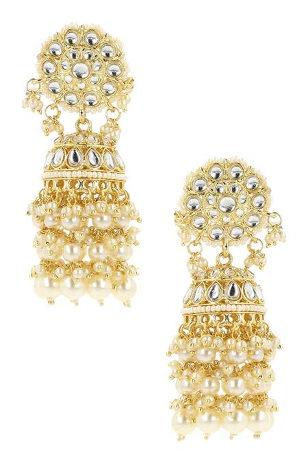 Ishhaara_Gold Plated Pearl, Stone Embellished Jhumkas_Online_at_Aza_Fashions