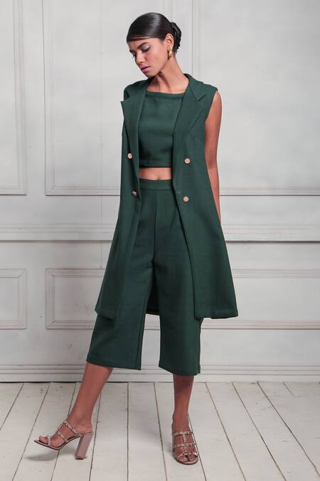 Buy_Couché By Anandini_Green Collared Doble Crep Duster And Culotte Set _Online_at_Aza_Fashions