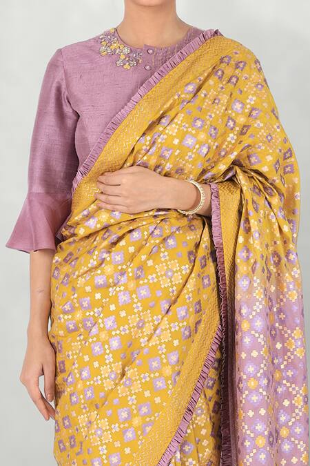 I Am Design_Yellow Silk Ikat Print Ombre Saree _Online_at_Aza_Fashions