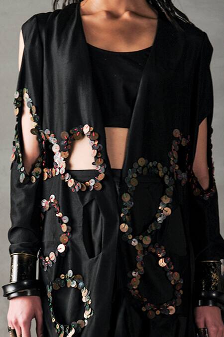 AK-OK_Black Cotton Embroidery Open Neck Cutwork Jacket _Online_at_Aza_Fashions