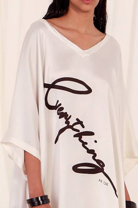 AK-OK_White Silk Printed Typographic V Neck Kaftan Dress  _Online_at_Aza_Fashions