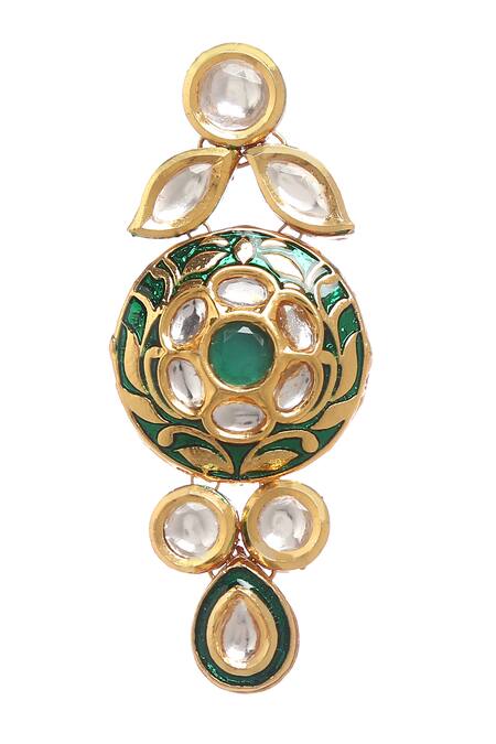 Minaki_Green Metallic Thread, Diamonds Meenakari Work Necklace Set_Online_at_Aza_Fashions