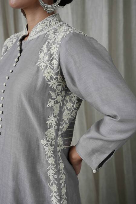 Kanika Sharma_Grey Chanderi Silk, Modal, Muslin Embroidery, Cut Work Bandeau Kurta Palazzo Set _Online_at_Aza_Fashions