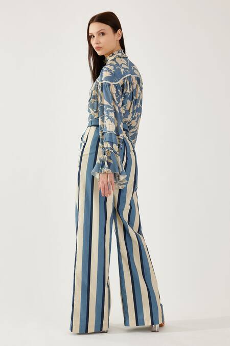 Koai_Cream Cotton, Silk Stripe Pattern Flared Pant _Online_at_Aza_Fashions