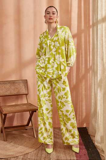 Label Deepika Nagpal_Green High Neck Caramel Floral Pattern Top And Pant Set_Online_at_Aza_Fashions