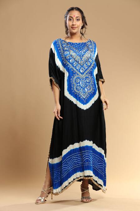 Etasha By Asha Jain_Blue Gingham Mirrors, Crystals Round Neck Bandhani Pattern Embroidered Kaftan _Online_at_Aza_Fashions