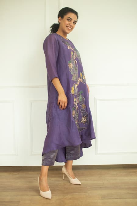 Oja_Purple Pant  , Tunic  Linen Embroidered And Set _Online_at_Aza_Fashions
