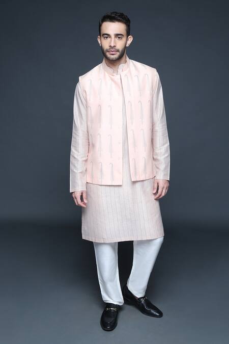 Buy_Sanjev Marwaaha_Peach Cotton, Silk Embroidery Signature Paisley Bundi Kurta Set _Online_at_Aza_Fashions