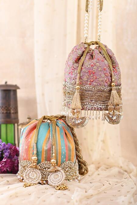 Miar Designs_Multi Color Stripe Kashi Pattern Potli Bag_Online_at_Aza_Fashions