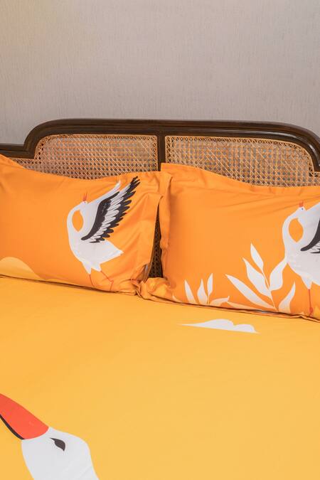 Kyoona_Yellow 100% Cotton Printed The Bird Storks Journey Bedsheet Set_Online_at_Aza_Fashions