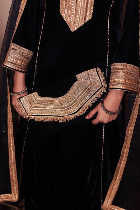 Shrutkirti_Blue Silk, Velvet, Chiffon Beads, Sequins Zoya Embellished Kurta Palazzo Set_Online_at_Aza_Fashions