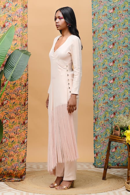 Rishi and Vibhuti Gold Linen V-neck Tinsel Fringe Detail Jacket Pant Set Online at Aza Fashions Rishi and Vibhuti_Gold Linen V-neck Tinsel Fringe Detail Jacket Pant Set _Online_at_Aza_Fashions