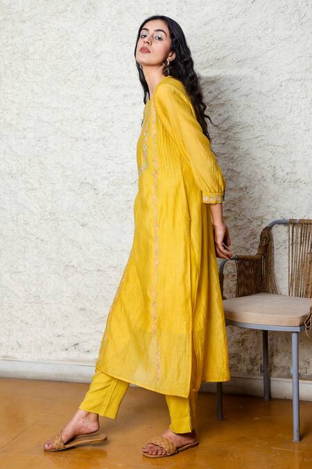 Tatwa_Yellow Handloom Cotton, Viscose, Silk Embroidery Round Resham Kurta And Pant Set _Online_at_Aza_Fashions