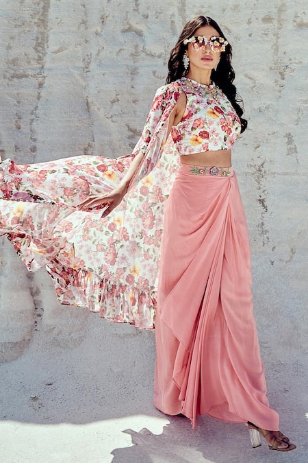 Nikita Vishakha_Pink Crepe, Georgette Embroidery Round Neck Floral Print Cape And Cowl Skirt Set _Online_at_Aza_Fashions