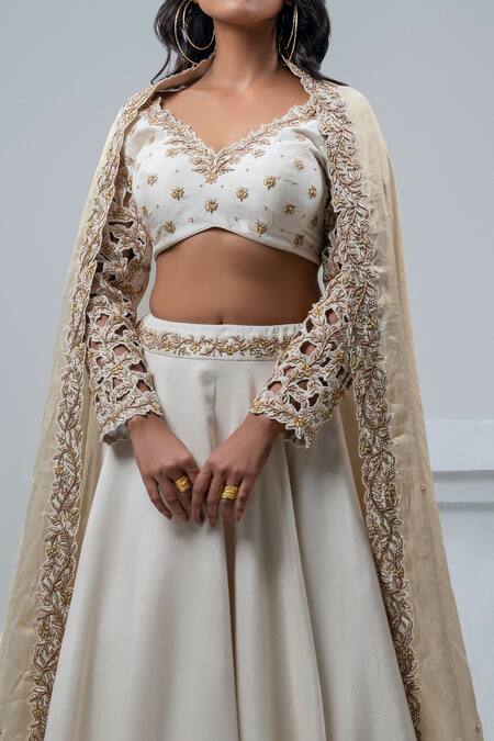 Nautanky_Ivory Silk, Organza Embroidery Asymmetric Raw Layered Lehenga Set _Online_at_Aza_Fashions