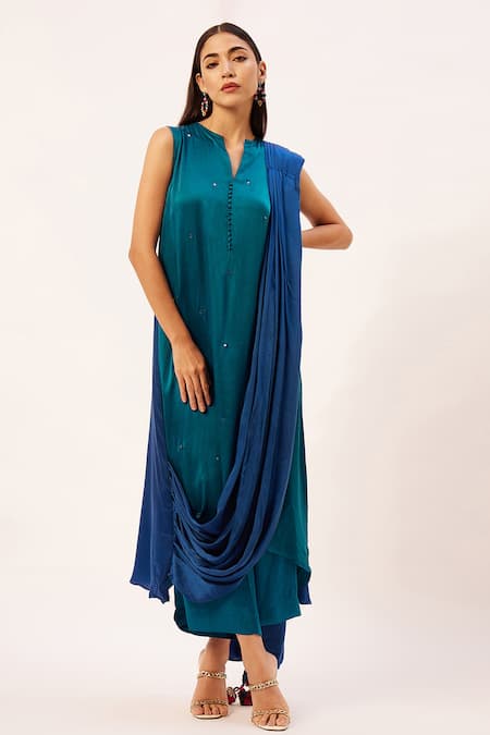 Zariya The Label Blue Modal, Cotton Split V-neck Attached Drape Kurta With Pant Online at Aza Fashions Zariya The Label_Blue Modal, Cotton Split V-neck Attached Drape Kurta With Pant _Online_at_Aza_Fashions