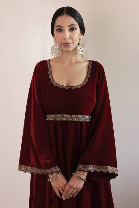 Shrutkirti Red Silk, Velvet Tassels, Embroidery Round Neck Anarkali Palazzo Set Online at Aza Fashions Shrutkirti_Red Silk, Velvet Tassels, Embroidery Round Neck Anarkali Palazzo Set_Online_at_Aza_Fashions