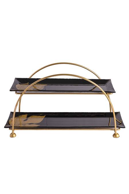 H2h_Black Glass And Metal Raven Two Tier Platter_Online_at_Aza_Fashions