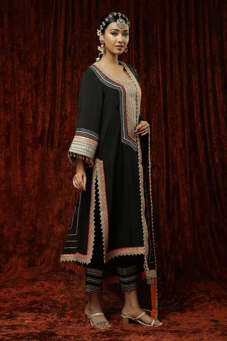 Shikhar Sharma Black Silk Chanderi Embroidered Pearl Round Neck Kurta Pant Set Online at Aza Fashions Shikhar Sharma_Black Silk Chanderi Embroidered Pearl Round Neck Kurta Pant Set _Online_at_Aza_Fashions