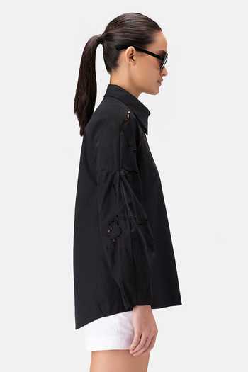 Genes Lecoanet Hemant_Black Cotton Cut Work Collared Floral Cutout Detail Shirt_Online_at_Aza_Fashions
