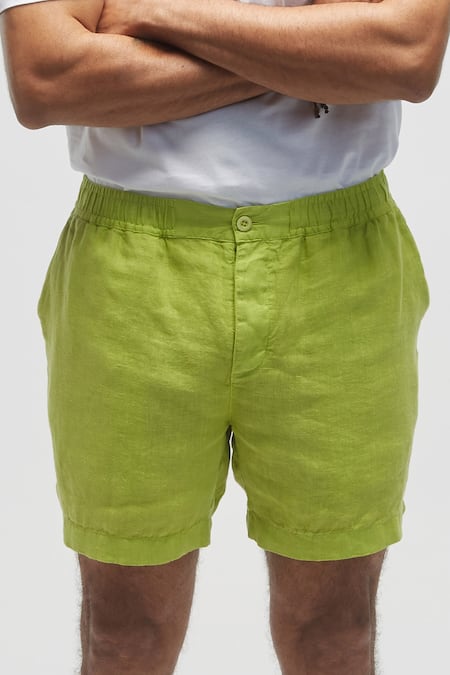 Terra Luna Green 100% Linen Solid Pool Shorts Online at Aza Fashions Terra Luna_Green 100% Linen Solid Pool Shorts_Online_at_Aza_Fashions