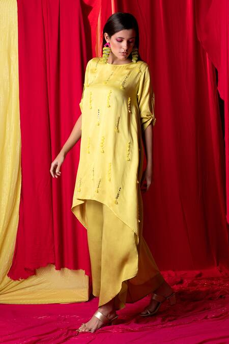 Enech_Yellow Muslin Modal Embellished Mirror High Low Tunic And Palazzo Set  _Online_at_Aza_Fashions