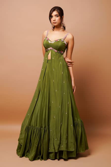 Ahi Clothing_Green Crepe Metallic Thread, Front-slit Kurta And Ruffle Hem Lehenga Set _Online_at_Aza_Fashions