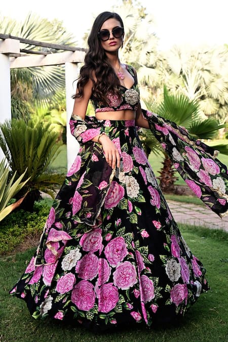Sanam_Black Silk Sequins, Beads, Stones Plunge Karine Botanical Print Lehenga Set _Online_at_Aza_Fashions