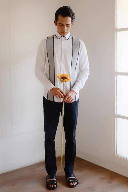 Lacquer Embassy_White Cotton Piping Striped Print Designer Shirt _Online_at_Aza_Fashions