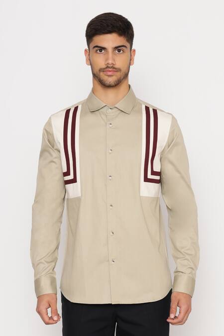 Lacquer Embassy_Beige Cotton Bennet Shoulder Panel Shirt _Online_at_Aza_Fashions