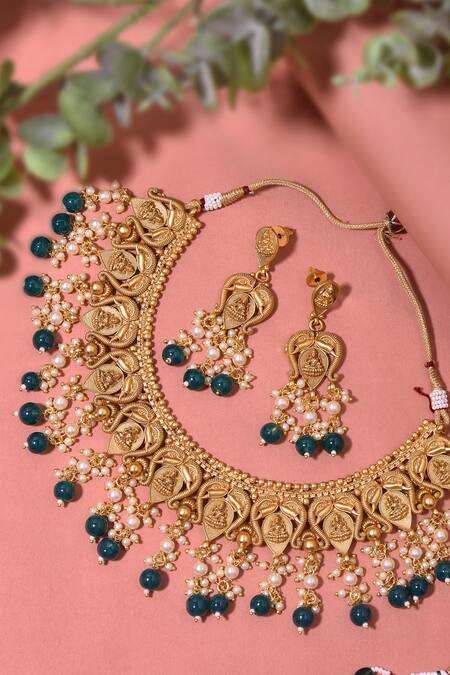 Swabhimann_Green Beads Embellished Temple Necklace Set _Online_at_Aza_Fashions