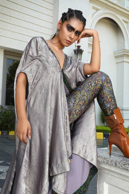 Shilpi Gupta_Grey Bustier Viscose Crepe, Leggings Lycra, Tunic Sand Draped Cape Pant Set_Online_at_Aza_Fashions
