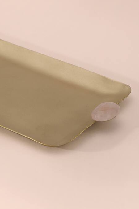 Table Manners_Gold Brass Rose Quartz Stones Embellished Presence Tray_Online_at_Aza_Fashions