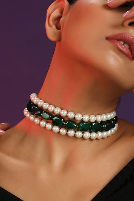 Swabhimann_Green Pearl Embellished Choker _Online_at_Aza_Fashions