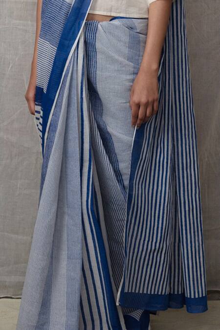 Banana Labs Blue Cotton Printed Stripe Saree Online at Aza Fashions Banana Labs_Blue Cotton Printed Stripe Saree_Online_at_Aza_Fashions