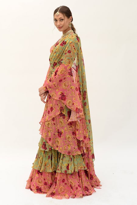 Buy_Sanam_Green Silk, Chiffon Sequins, Versailles Pre-stitches Ruffle Saree With Blouse _Online_at_Aza_Fashions