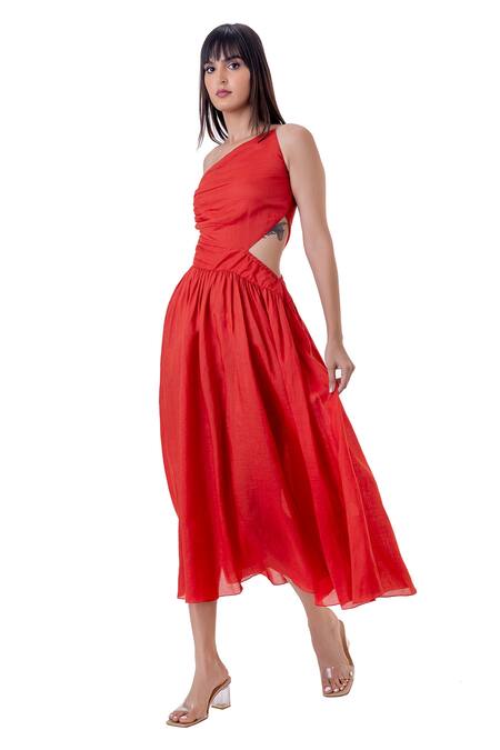 Gaya_Red Cotton Solid One Shoulder Cut Out Dress _Online_at_Aza_Fashions