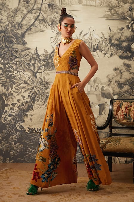 Kalista Yellow Crepe Embroidery V-neck Freya Printed Sleeveless Jumpsuit Online at Aza Fashions Kalista_Yellow Crepe Embroidery V-neck Freya Printed Sleeveless Jumpsuit _Online_at_Aza_Fashions