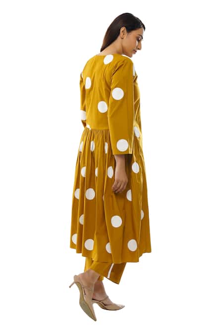 Khat_Yellow Round Neck Mustard Polka Dot Dress And Pant Set _Online_at_Aza_Fashions