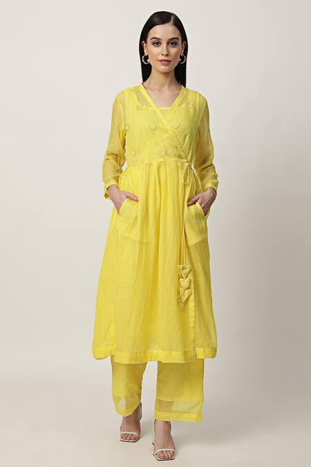 Musal_Yellow Cotton, Linen, Kota Doria, Kalie Embroidered Angarkha Kurta Pant Set_Online_at_Aza_Fashions